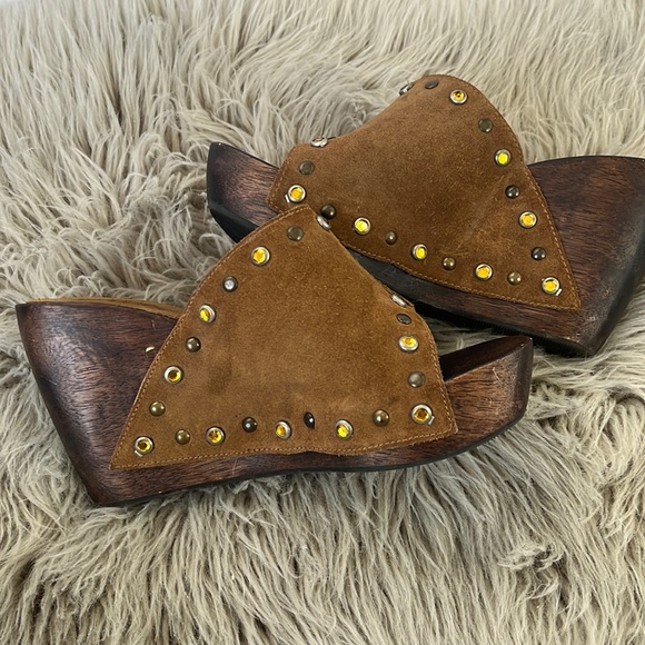 MIA Shoes - MIA Suede/Leather Wooden Wedge Platform Clog Amber and Metal Studs Size 8